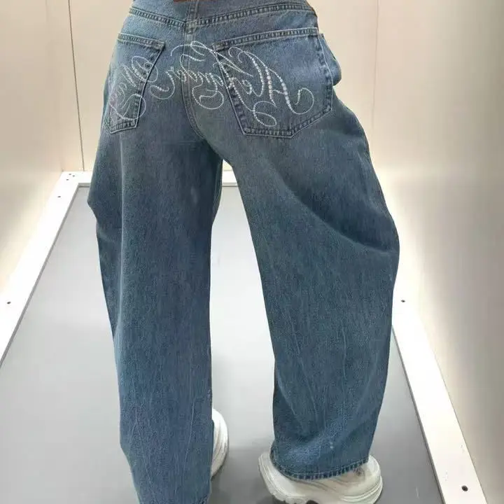 American Sle Spicy Girl Heavy Embellied Casual Denim Jeans Damen Retro Design Sensation Bodenlange Hose mit weitem Bein