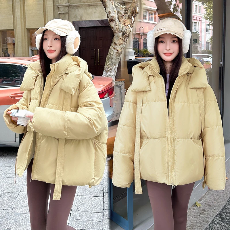 Winter Down Jackets Woman Loose Thick Warm Cotton Coats Detachable Hat Strap Chic Design Long Sleeve Solid Casual Women's Parkas