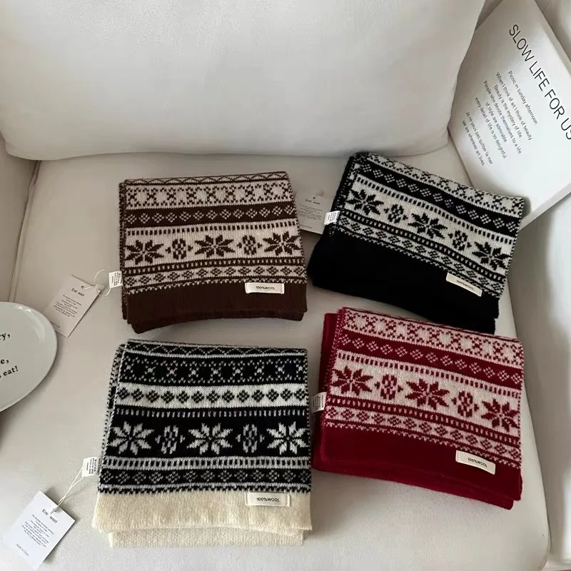 

100% Wool Christmas Scarves for Women Autumn Brand Winter Black Coffee Red White Snowflake Print Scarf Winter Accessories