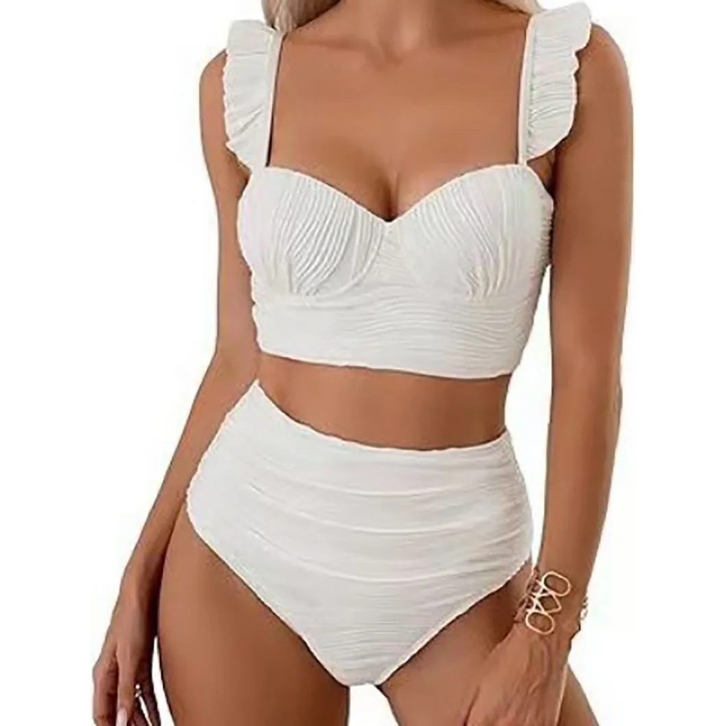 

Sexy Two-Piece Swimsuit Ruffled Shoulder Straps High-Waisted Halter Top Swimsuit Fashionable Retro Style Swimsuit