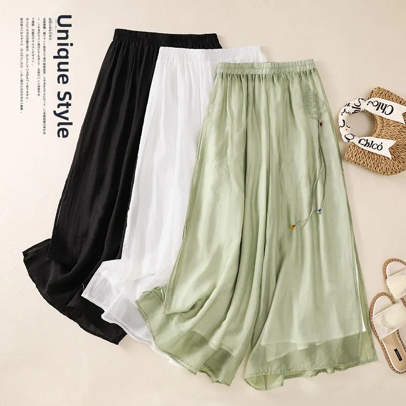 

Шелковые брюки-палаццо с вышивкой Ele для женщин, летние, тонкие, в стиле феи, повседневные, с высокой талией, укороченные