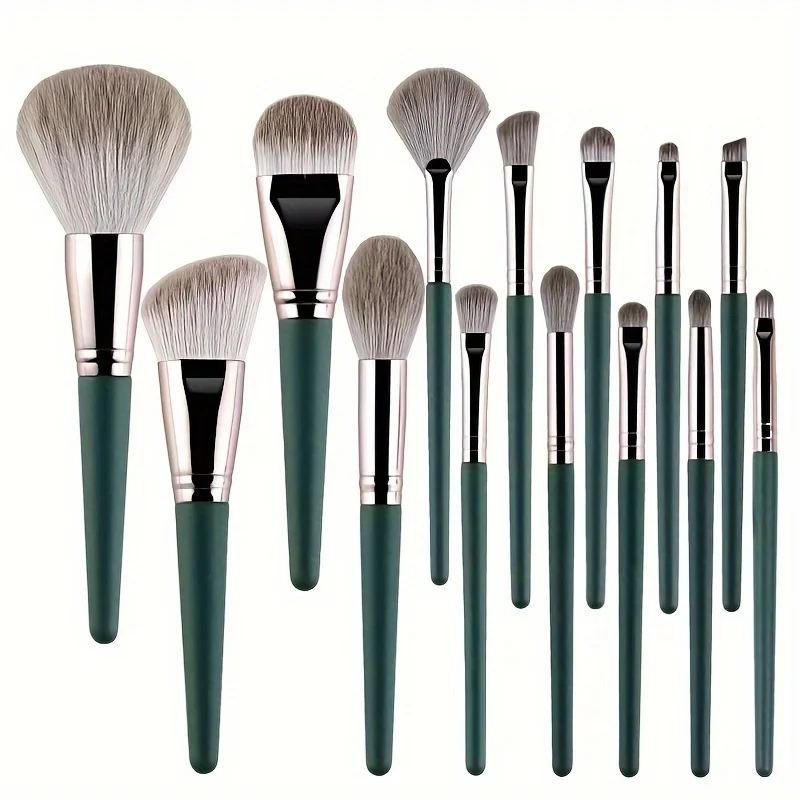 Elegante conjunto de pincéis de maquiagem verde de 14 peças - pincéis macios e profissionais para base perfeita, contorno e mistura