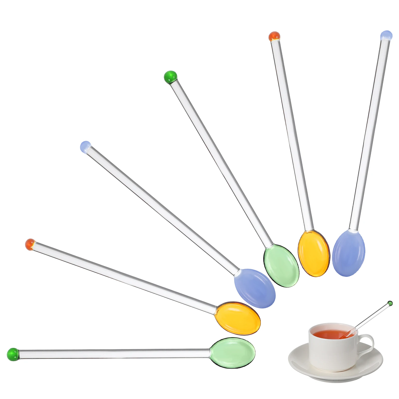 

6Pcs Transparent Long Handle Glass Milk Drink Round Shape Lovely Stirrers Swizzle Stirring Rods for Household (Assorted Color)