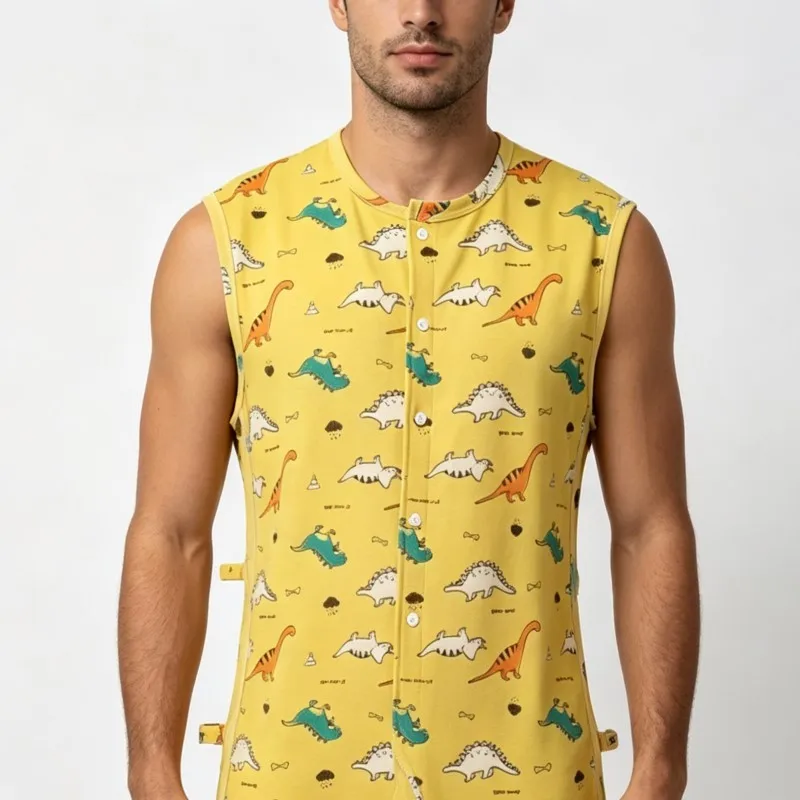 Adult Cotton Cartoon Print Bodysuit Sleeveless Hollow Out Open-crotch Shorts ABDL Diaper Onesie Pajamas Adult Romper Plus Size