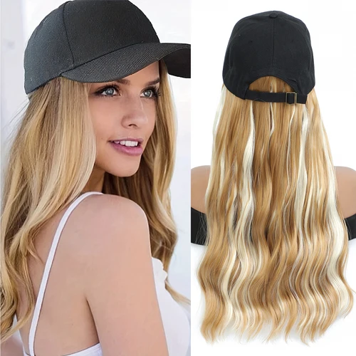 야구 모자 후드 가발 모자, 물결 모양 컬 합성 가발, 초보자 친화적, 내열성, 자연스러운 느낌, 일상 사용 