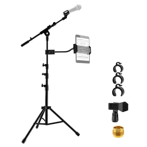 Microphone Boom Tripod Floor Stand Phone Tablet Holder for Live Streaming Height Adjustable Mic Tripod Bracket with Phone Holder