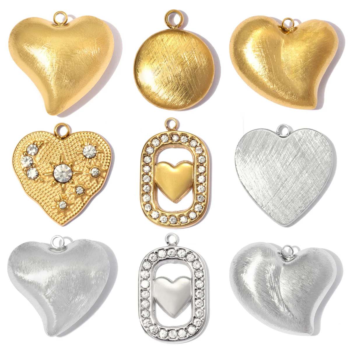 3 Stück/Set Edelstahl Strass Quadratische DIY-Anhänger Gebürstetes Herz Halsketten-Anhänger Frauen Mond Stern Schmuck Großhandel