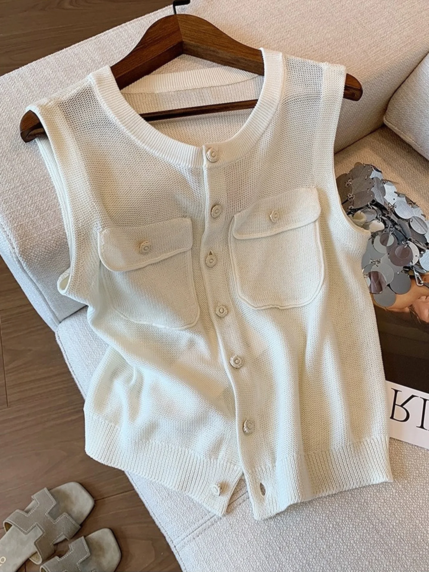 

Ele вязаный жилет на одной пуговице, однотонный универсальный летний женский модный трикотаж прямого кроя для поездок на работу