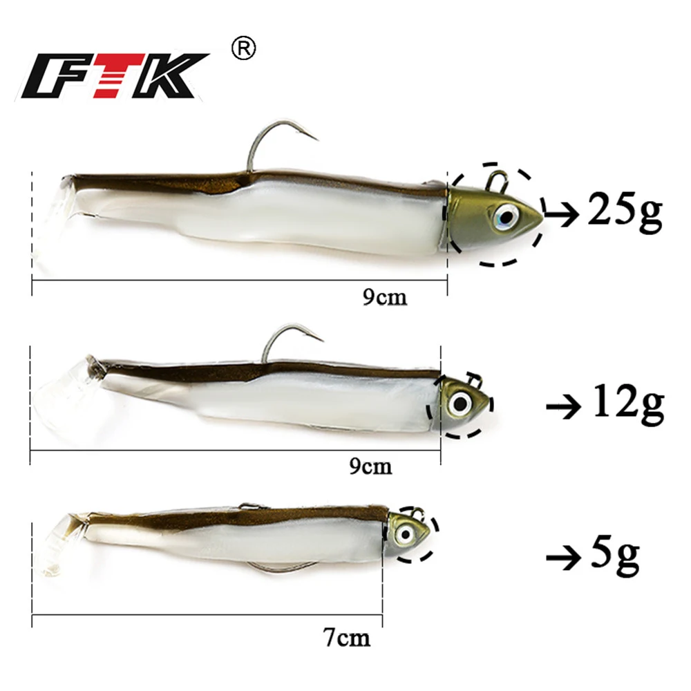 Ftk schwarzer Elritze Angel köder 5g/70mm,12g/90mm,25g/90mm Jigkopf Silikon köder Weich köder Kurbel haken Jigging Bass Hecht Zander