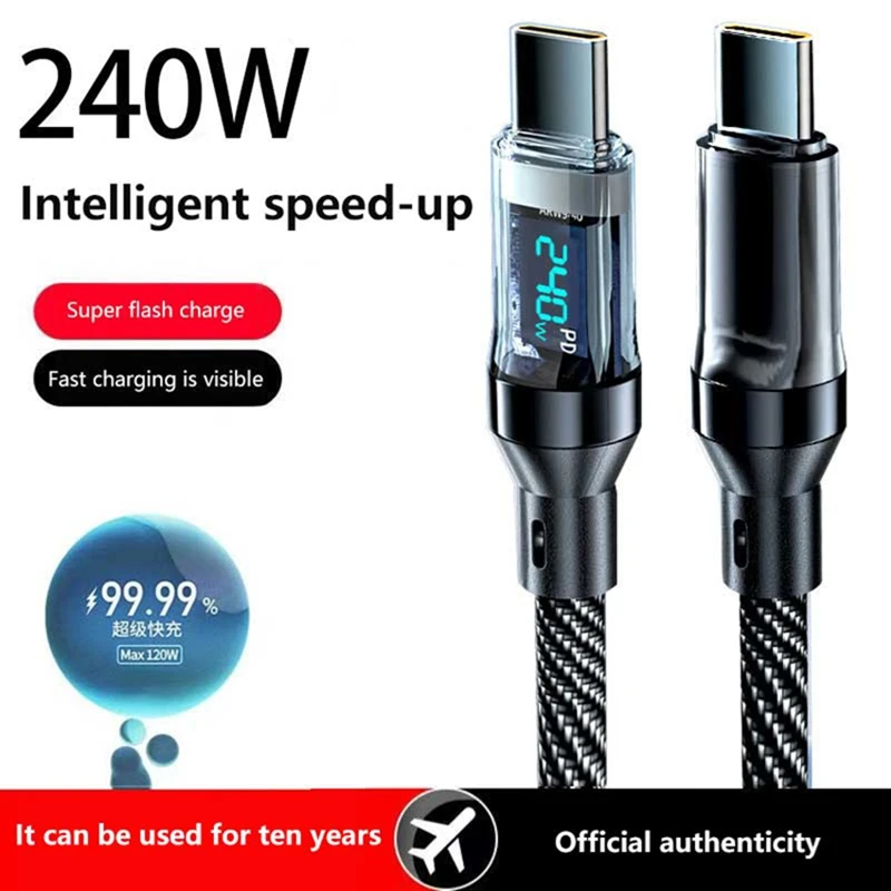 Type C To Type C 240W Phone Super Fast Charging Data Cable with LED Digital Display USB to Type-C Data Cord for Xiaomi Huawei