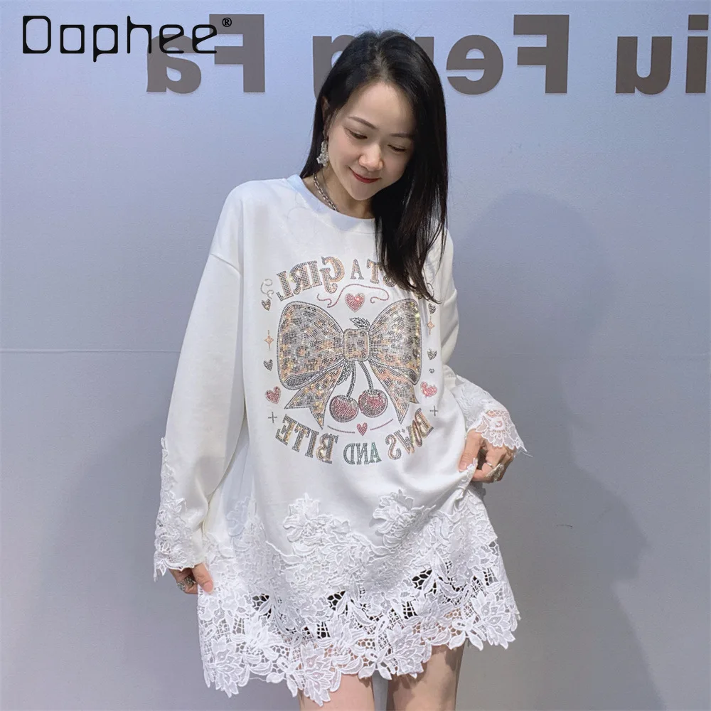 Spring Loose Lace Patchwork Long Sleeve Top Autumn Heavy Rhinestone Round Neck Mid-Length Women's Clothing