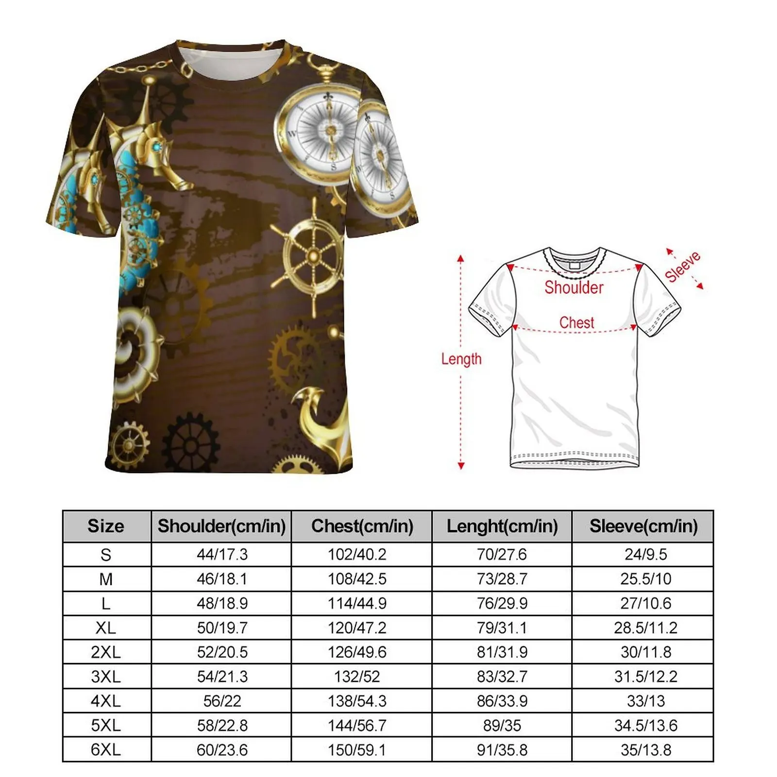 Summer T Shirt Golden Steampunk T-Shirts Wooden With Mechanical Seahorse Basic Fashion Tee Shirt For Mens Plus Size Clothes