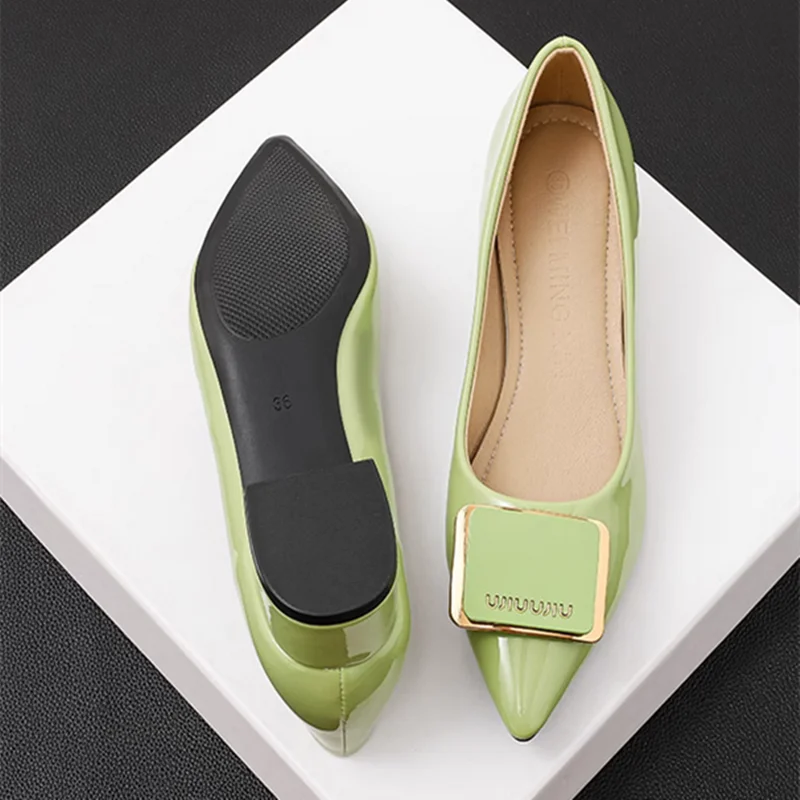 Women Dress Shoes Low Heels Elegant Pumps Square Button Pointy Toe Shallow Mouth Leather Slip-On Green Wine Black Plus Size 3-45