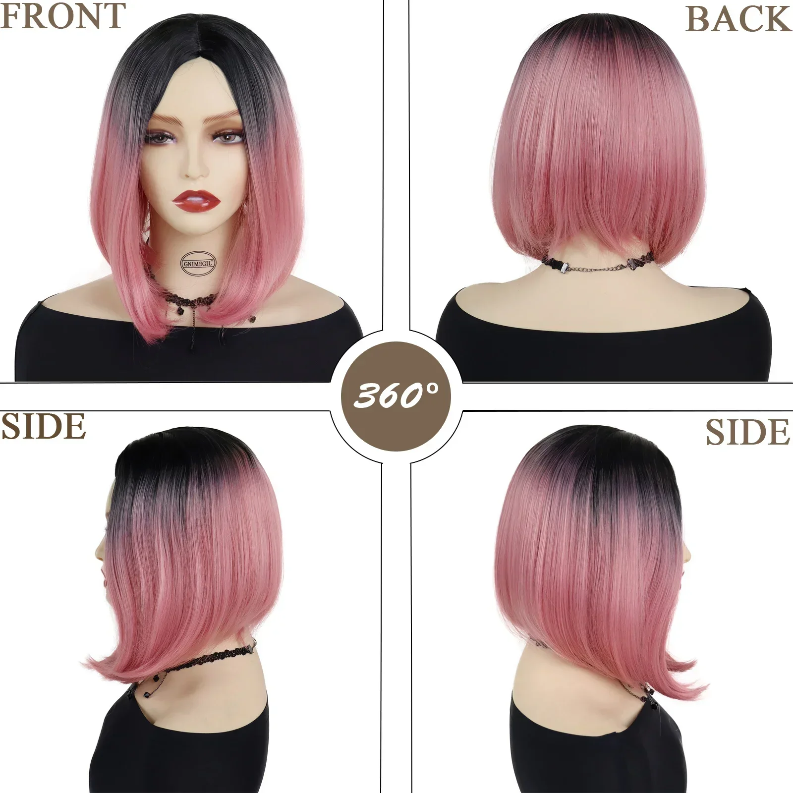 Synthetic Wigs Cosplay Two Tone Black Pink Short Straight Bob Wigs for Women Middle Part Halloween Natural Hair Gradient Color