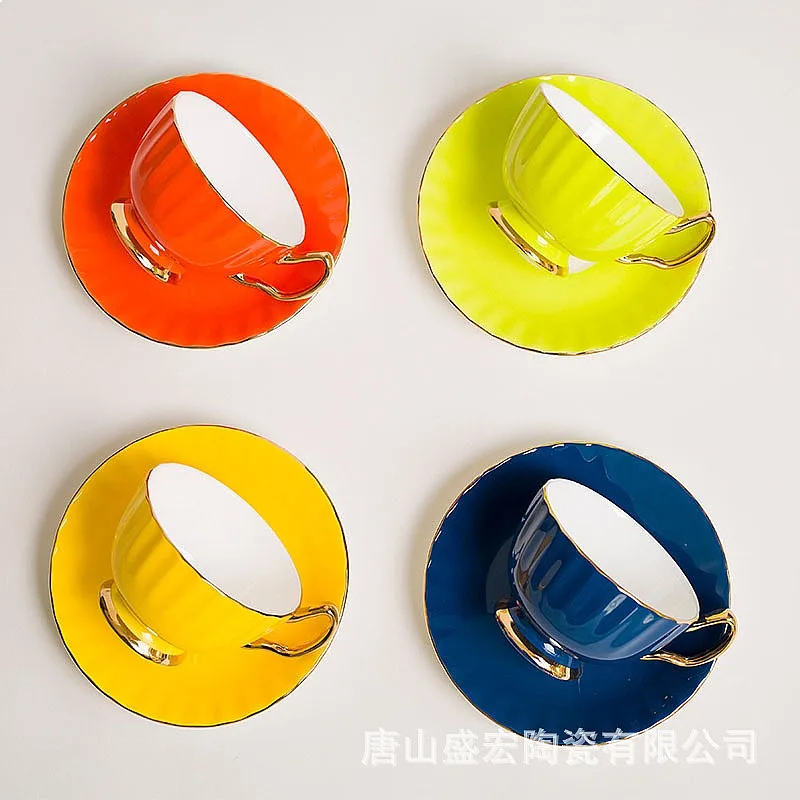 European Style Coffee Cup Saucer Set Creative Color Glaze Ceramic Gold Rim Gift Souvenir Bone China Porcelain Home Drinkware