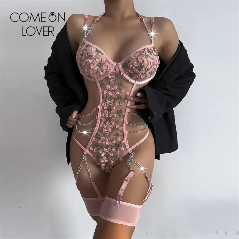 Comeonlover-body ajustado de una pieza para mujer, Top de encaje bordado, Halter, lencería de peluche, rosa, Sexy, moda, fiesta de graduación