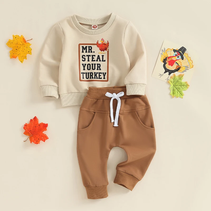 Baby Boys Thanksgiving Outfits Cute Turkey Print Hoodie and Pants Set for Fall Holiday Season 2Pcs Clothing Set