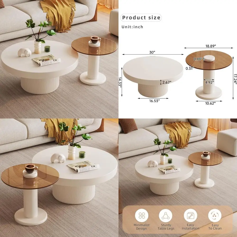 

Pair of Nesting Coffee Tables, Round Top with Adjustable Glass Side Tables, Ideal for Living Room, Bedroom, and Balcony Sofa Are