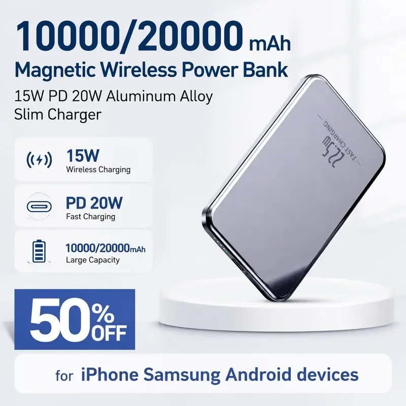 

10000/20000mAh Magnetic Wireless Power Bank 15W PD 20W Aluminum Alloy Slim Charger for iPhone Samsung Android devices