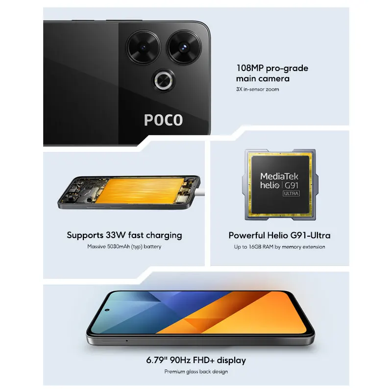 New POCO M6 Global Version Smartphone MediaTek Helio G91 Ultra 6.79\'\' 90Hz FHD+ Display 108MP Camera 33W Fast Charging NFC