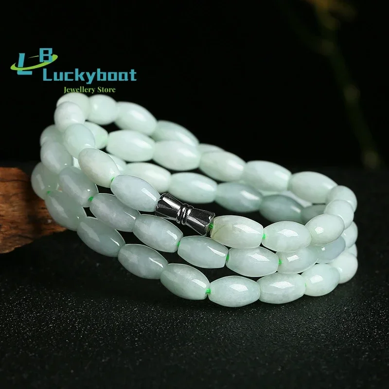 Natural Class a Burmese Jadeite Necklace Women's Emerald Rice Bead Necklace Fashion Jade Jewelry Wholesale