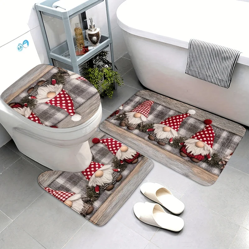 Christmas Gnome Pattern 3-Piece Bathroom Rug Set – Machine Washable, Knit Weave Polyester Bath , Contour Mat, and Toilet Lid