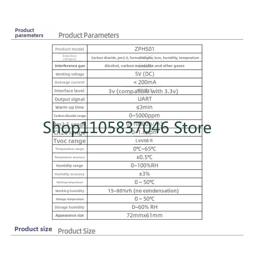 Multi in one gas sensor module ZPHS01 formaldehyde VOC dust CO2 temperature and humidity sensor module