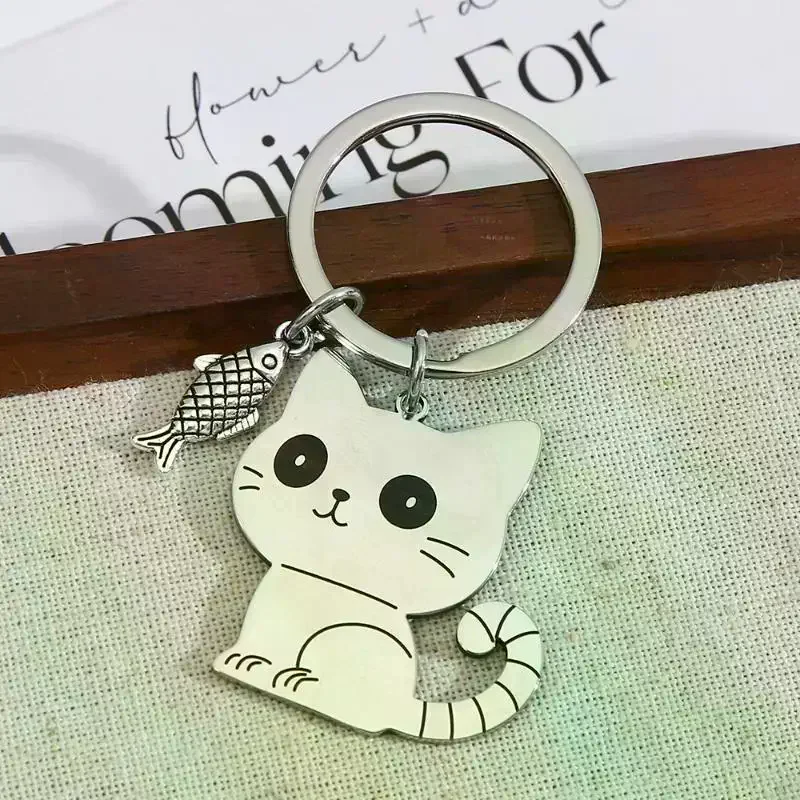Stainless Steel Cute Cat Fish Keychain Cartoon Kitten Keyring For Women Men Couple Bag Purse Pendant Jewelry Gift Accessories
