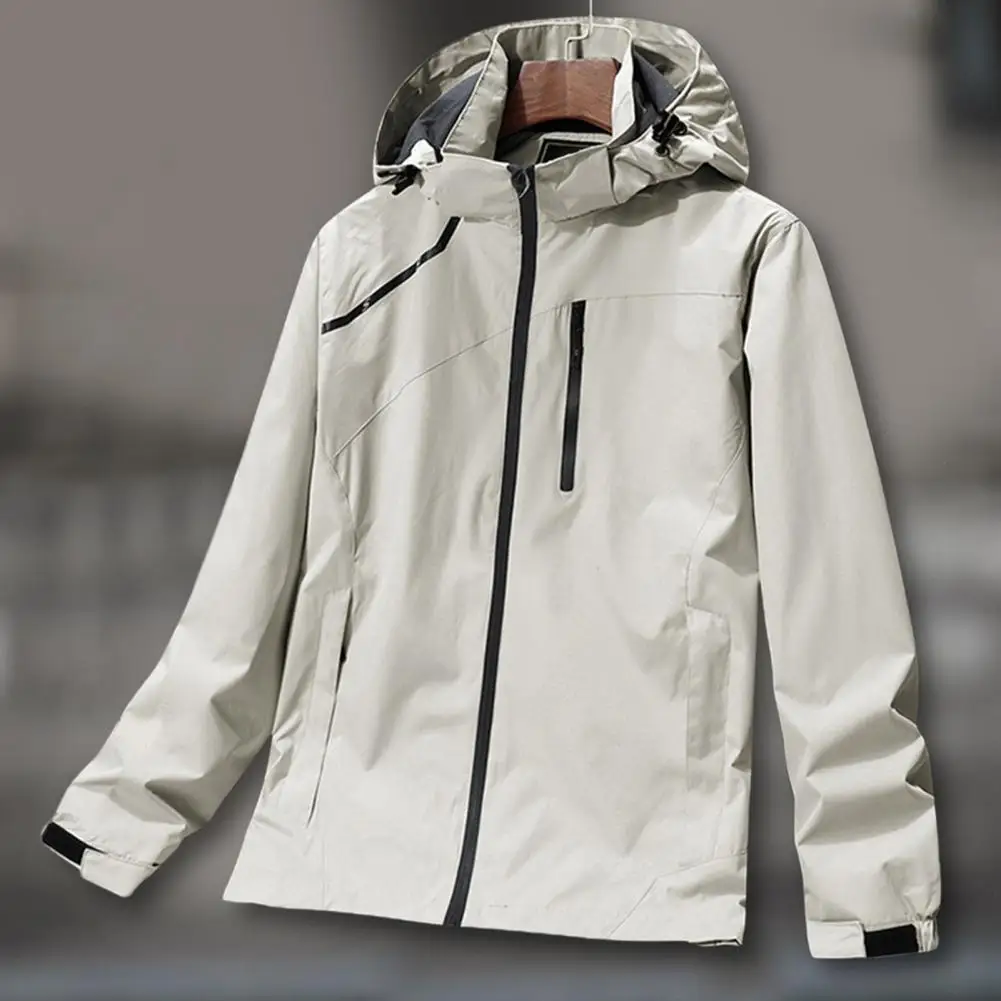 Men Windbreaker Long Sleeve Zipper Pockets Jacket Solid Color Windproof Sports Coat Anti Scratch Hood Windbreaker