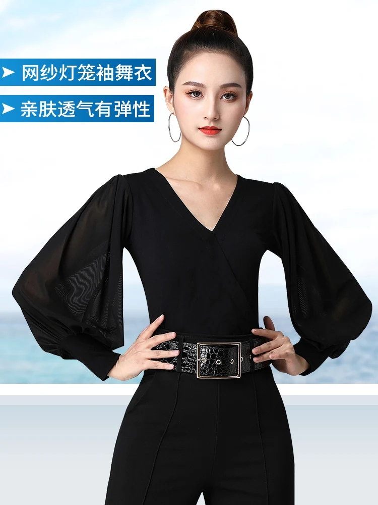 

Latin Dance Top Mesh V-neck Latern Sleeve Top Women's National Standard Dance Chacha Rumba Tango Modern Dance Costumes DQL11436