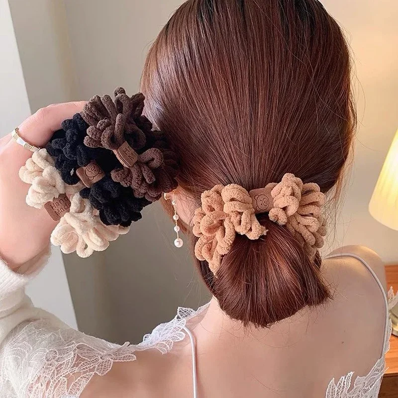 Women Plush Scrunchie Elastic Handmade Hair Band Ponytail Holder Brown Headband Autumn Winter Hair Accessories 2023 New