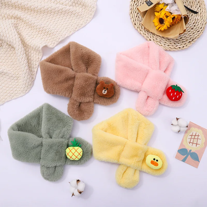 Winter Warm Thicken Scarfs for Children Cute Cartoon Faux Rabbit Fur Cross Collar Scarves Baby Boy Girl Soft Plush Scarf Gift