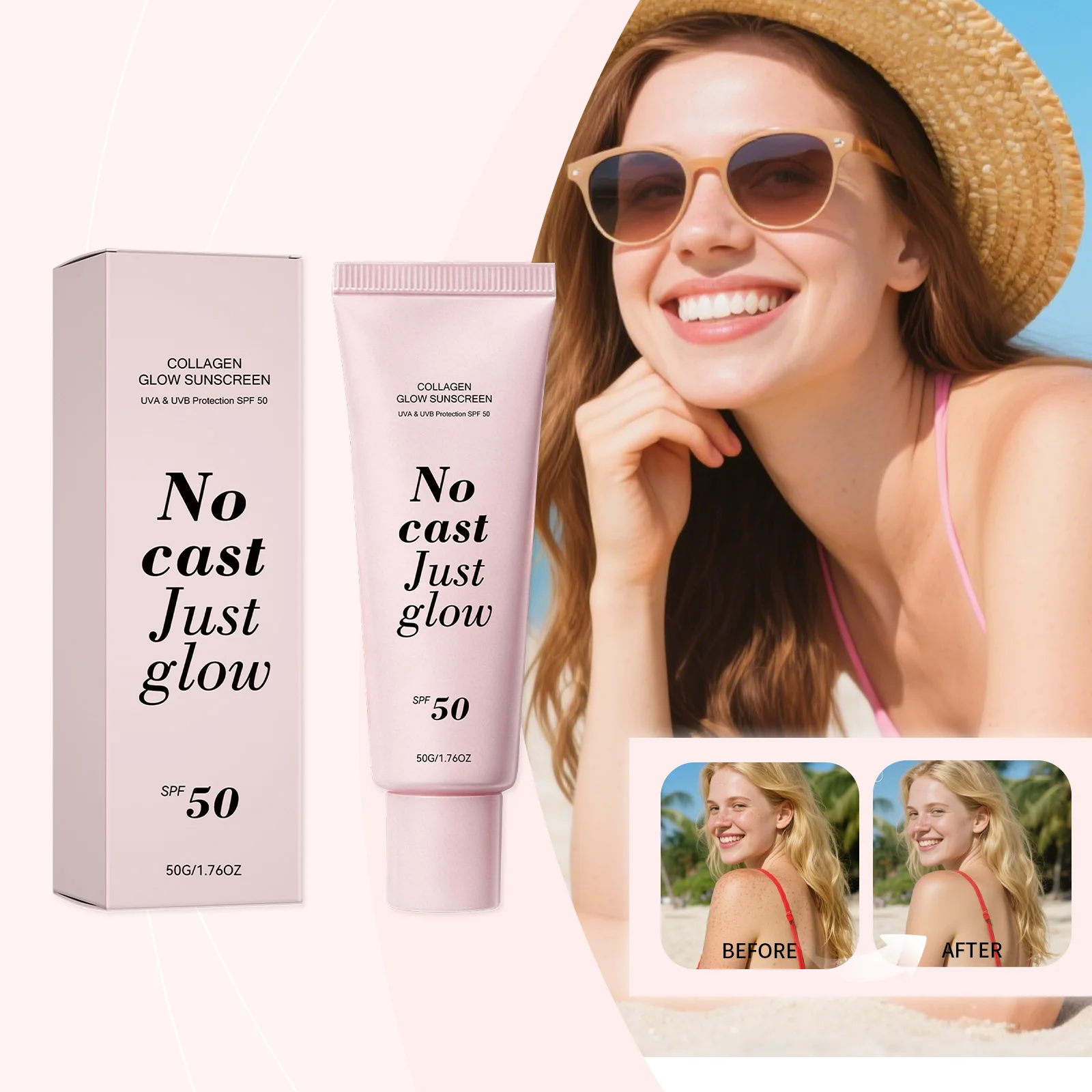Collagen Glow Sunscreen SPF50 Broad Spectrum UVA UVB Protection No White Cast Lightweight Non Greasy Hydrating Sun Lotion For Se
