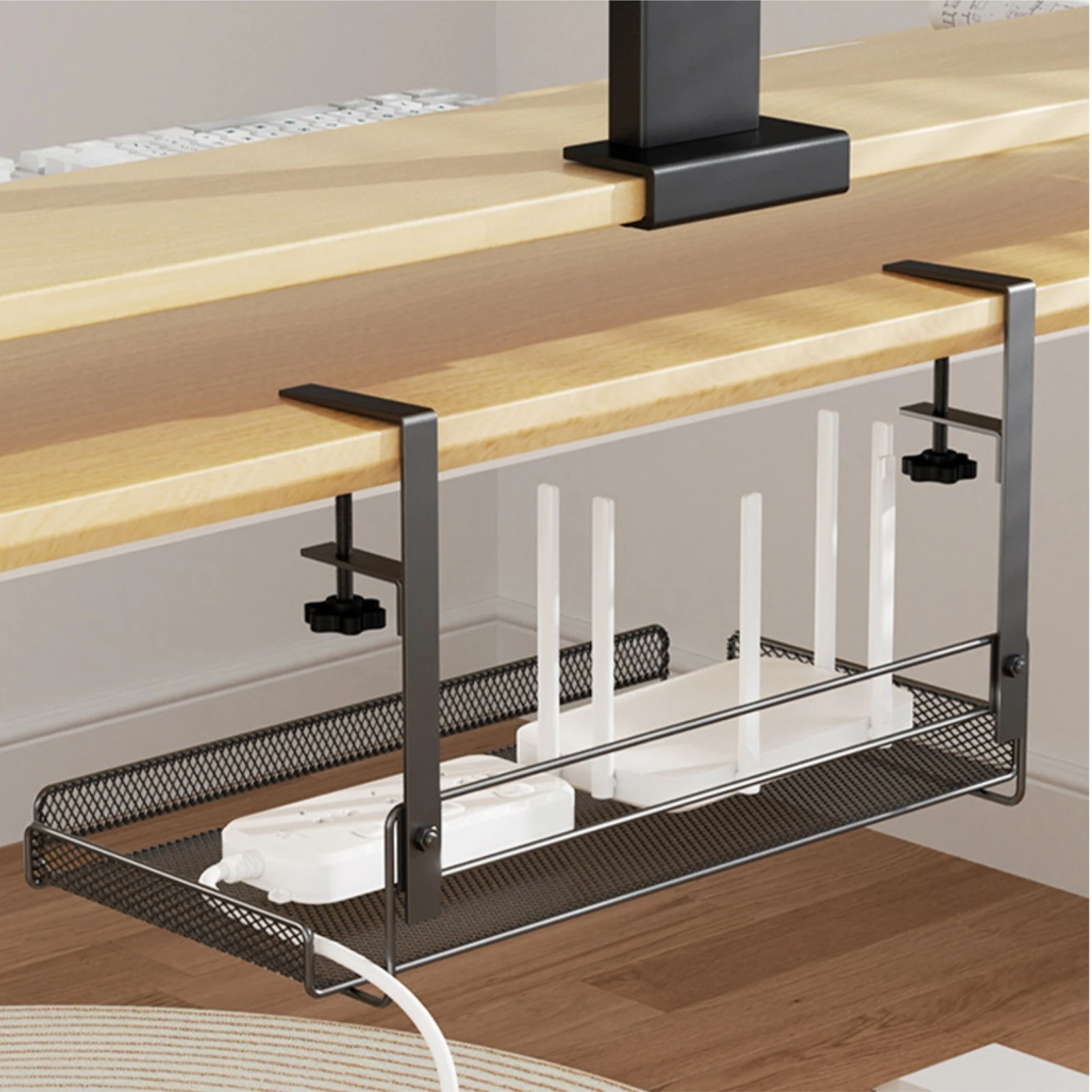 No-Drill Under-Desk Rack Compact Metal Mesh Cable Tray with Clamp Mount Under Desk Cord Management Rack Sleek Heavy Duty