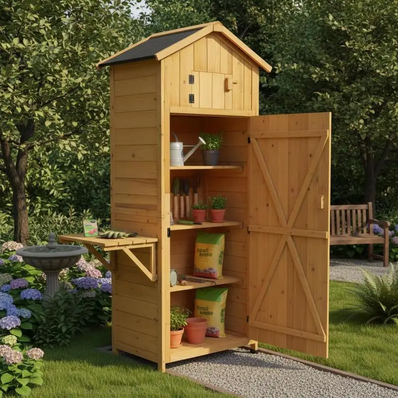 Caseta de jardín de madera con puerta tipo granero con cerradura, mesa lateral plegable y estantes extraíbles