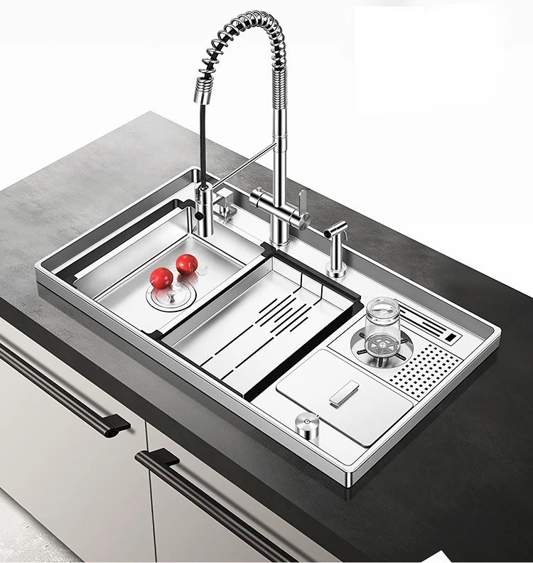 2021New Style Kitchen Sink 3D Surrounding with Cup Rinser SUS304 Stainless Steel Handmade Sink Set with Dual-mode Pullout Faucet