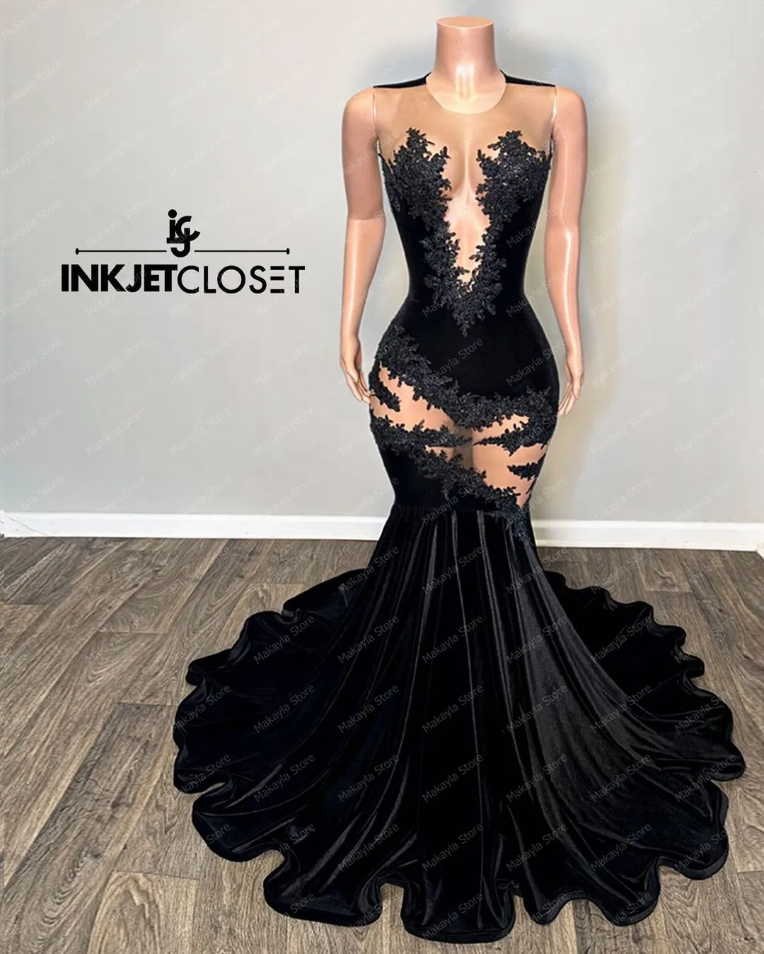 Elegant Black Velvet Mermaid Evening Gowns See Thru Mesh Appliques Lace Prom Dress Aso Ebi Black Girls Party Dress Custom Made