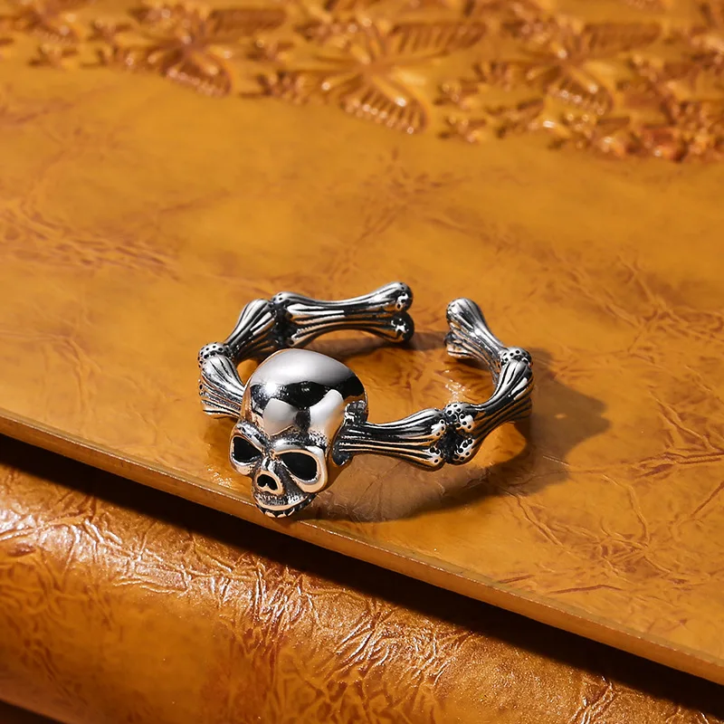 sterling silver skull bone ring men's trendy distressed Thai silver punk ring special-interest design hip hop ear accessories