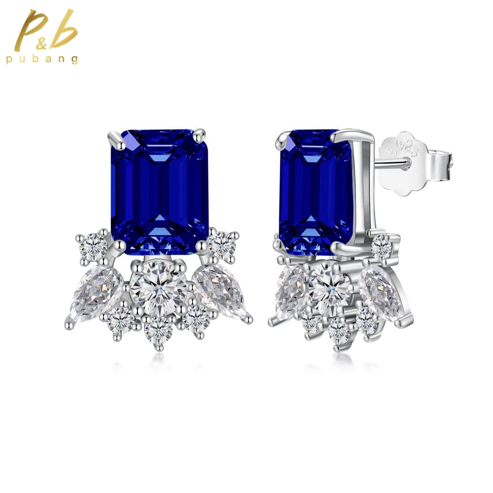 

PuBang Free Shipping Fine Jewelry Real 925 Sterling Silver Blue Sapphire Created Moissanite Classic Stud Earrings for Women Gift