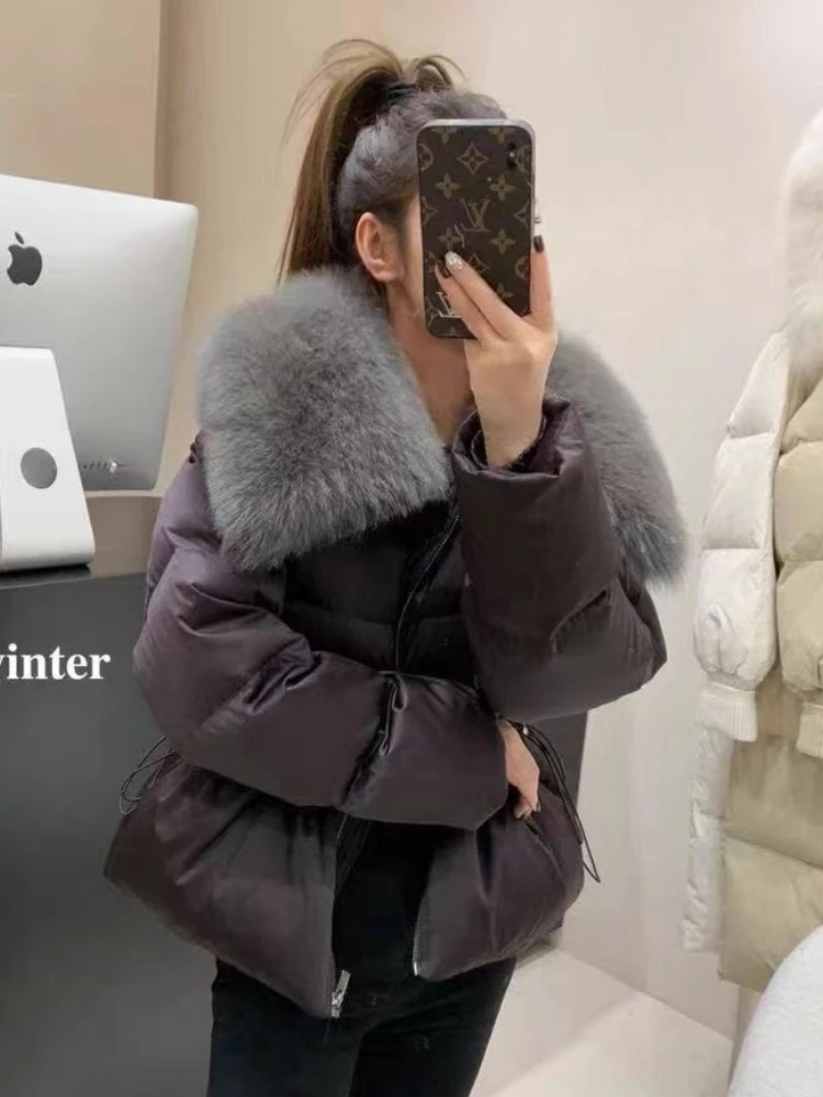 سترة كبيرة من فراء الثعلب مع طية صدر السترة سترات كورية ضيقة للنساء موضة شتوية أنيقة سميكة دافئة 90% معطف منتفخ على شكل بطة بيضاء ملابس خارجية #3