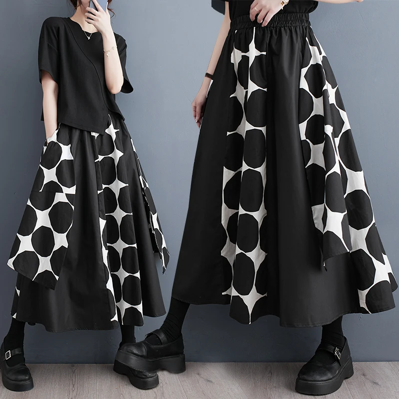 

plus Size Casual A-Line Skirt Midi Length Patchwork Personalized Summer 2023 High Waist Print All-Season Versatile Skirt