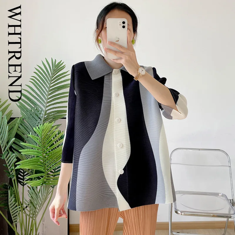 

WHTREND Pleated Shirts For Women Turn-Down Collar Single Breasted Print Color Block Elegant Top WH1190