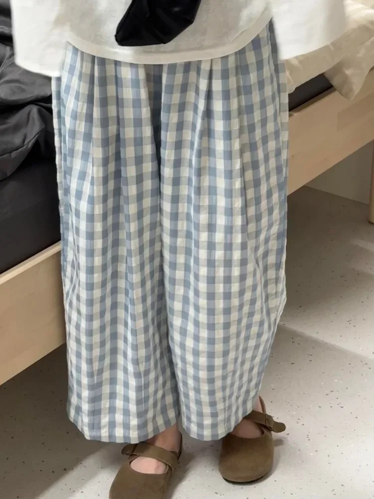 

Клетчатые брюки, женские весенние 2021, модные эластичные брюки с высокой талией, свободные милые брюки до щиколотки, женские повседневные брюки для бега