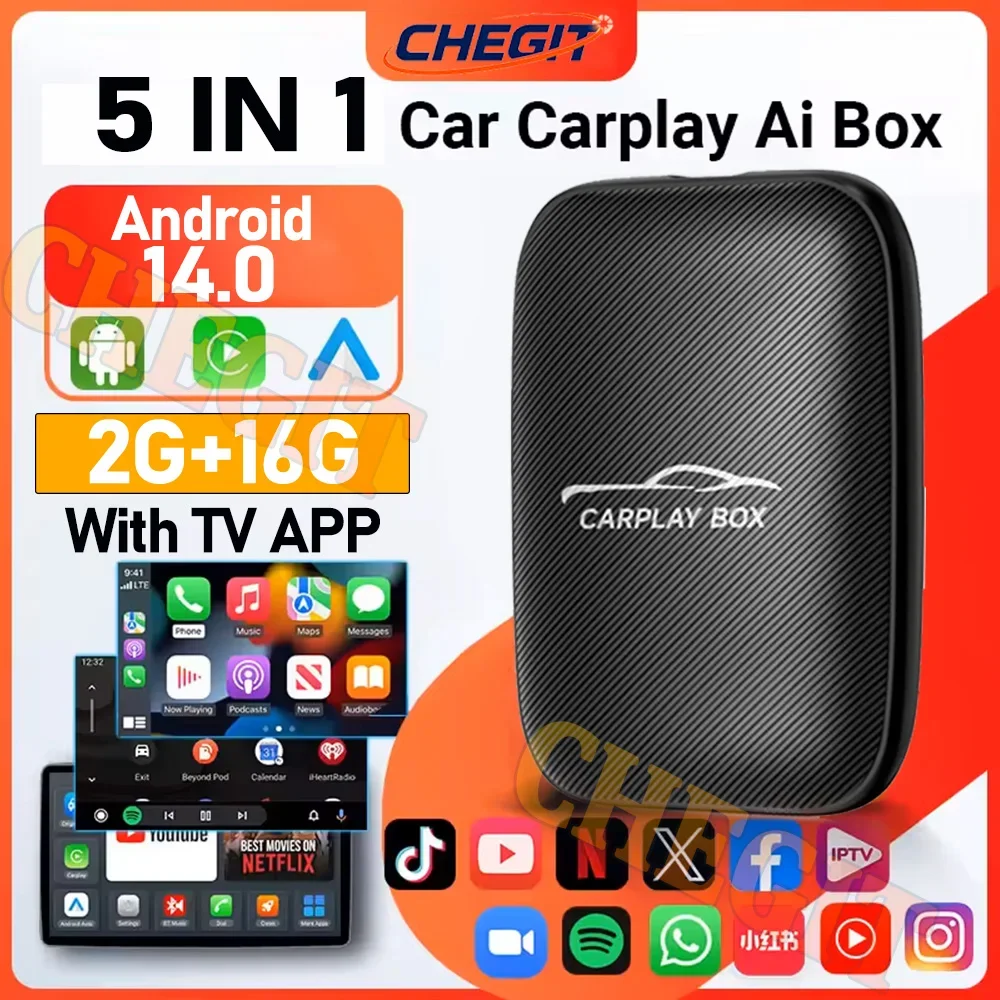 

5 in 1 Carplay Ai Box Android 14.0 Android Auto Wireless Carplay Adapter Car Multimedia Player Auto Connect For YouTube Netflix