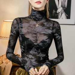 #4249 Black Mesh Turtleneck T Shirt Women Thin See Through T Shirt Female Sexy Vintage Elastic Tee Shirt Femme Spring Summer2024