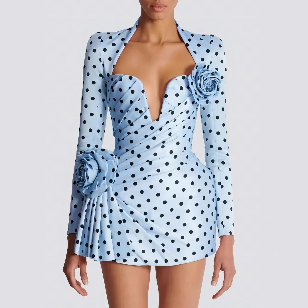 エレガントな女性のイブニングドレスディープ V ネックドット 3D フラワープリーツウエストシェイプ痩身フォーマルドレスハイエンド