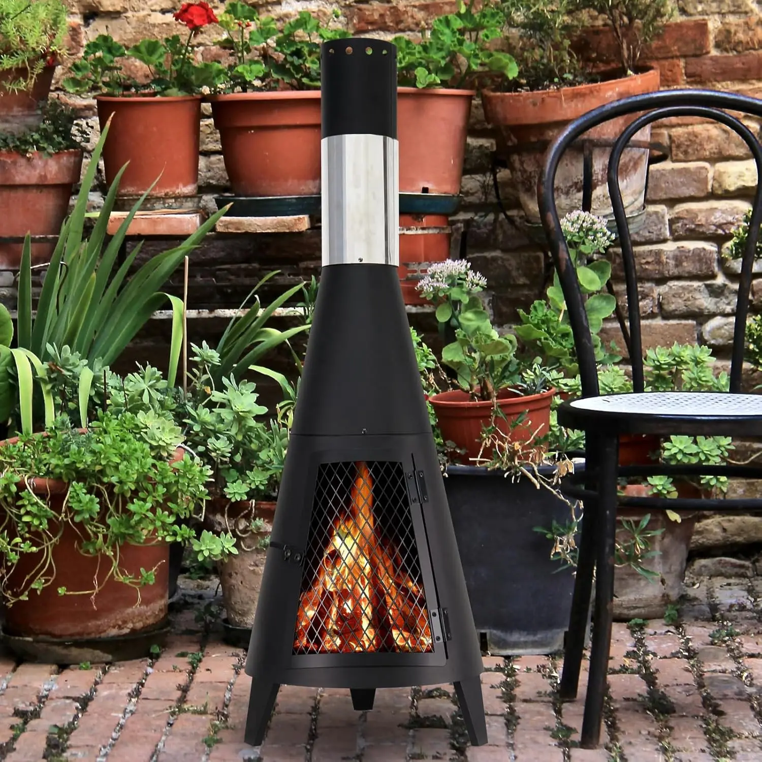 Chiminea Outdoor Fireplace Outdoor Wood Burning Fire Pit Free Standing Fireplace with Log Grate, Mesh Screen for Patio, Backyard