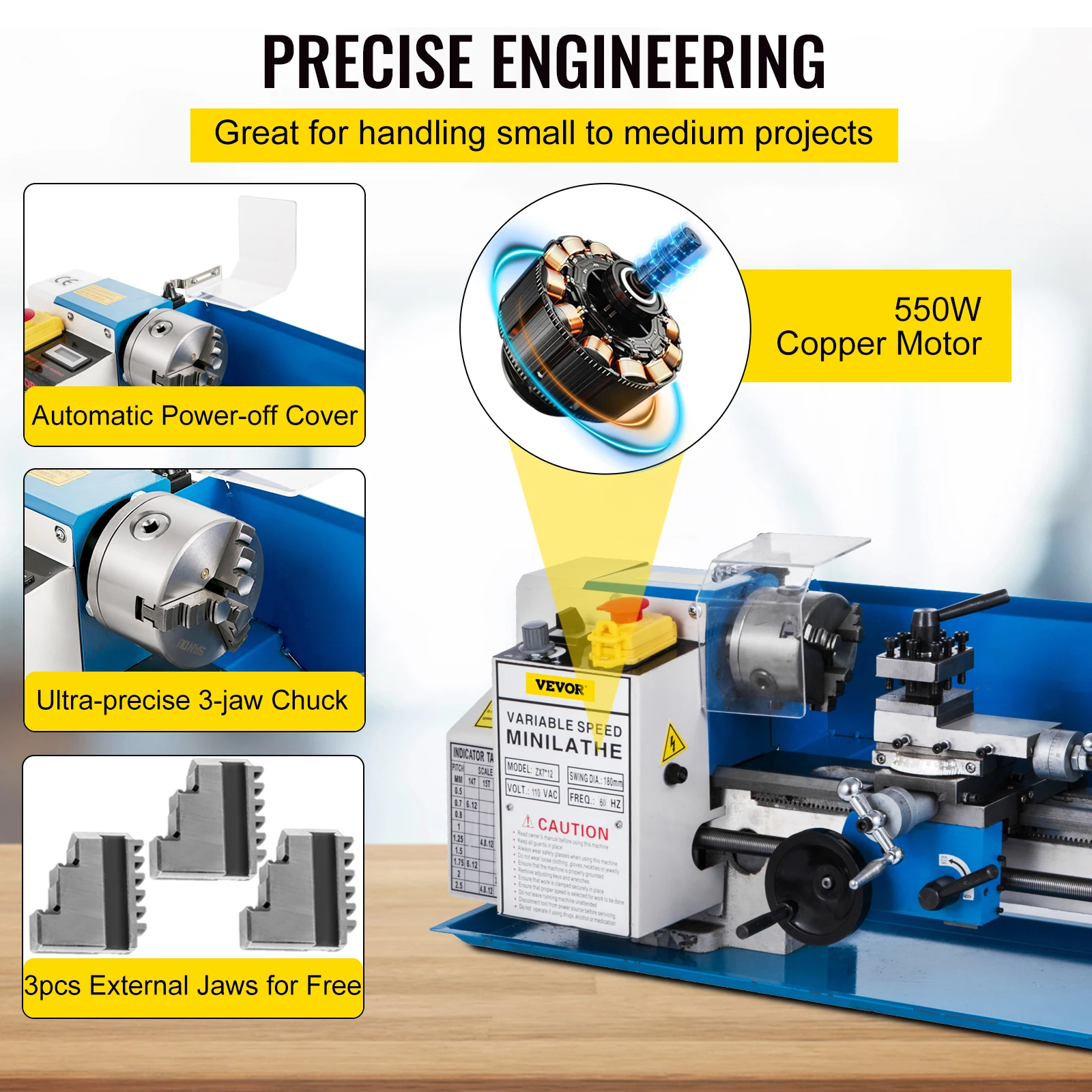 VEVOR-Torno De Metal com Lâmpada Móvel, Mini Torno De Metal, 7 em x 12 em, Precisão Bench Top, Torno De Metal 550W, 50-2500 RPM Nylon Gear