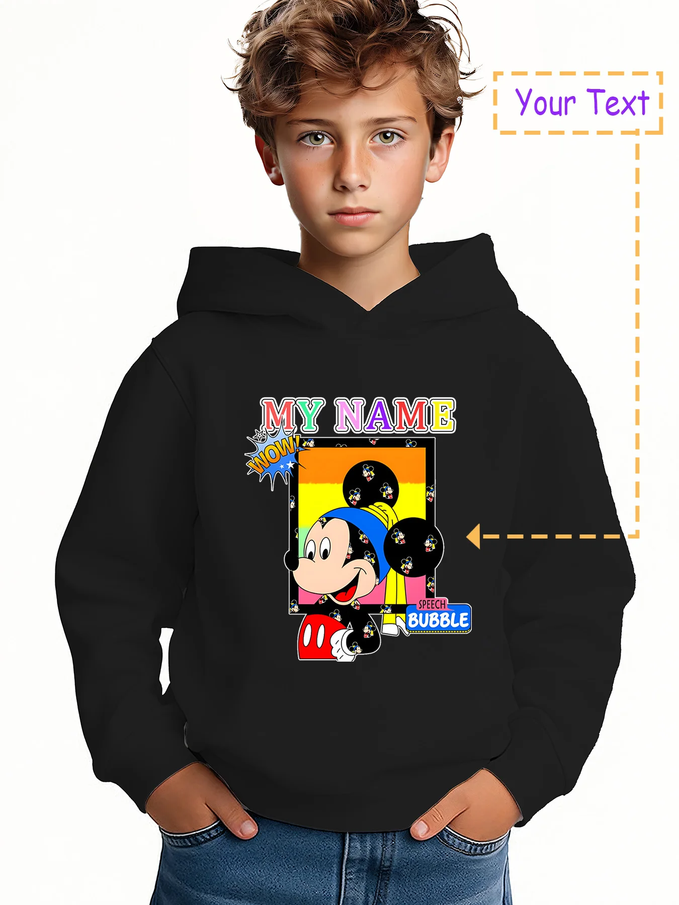 

MINISO Trendy Mickey Mouse Collage Hoodie - Featuring a colorful collage-style Mickey Mouse and creative "MY NAME" typography.