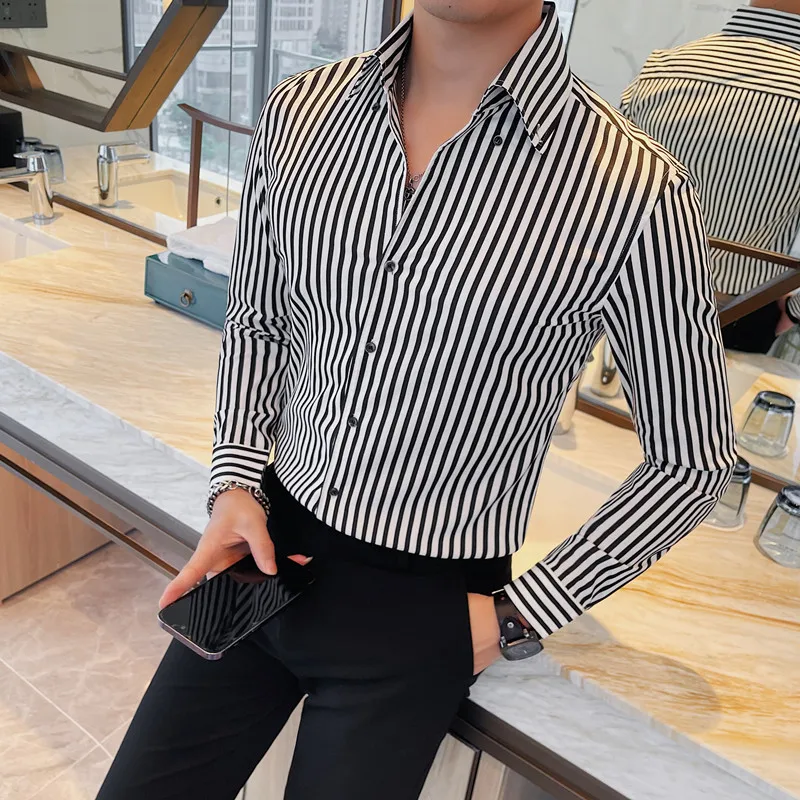 

British Style Striped Men's Shirt Handsome Casual Business Formal Dress Shirts Long Sleeve Slim Social Party Tuxedo Blouse M-4XL